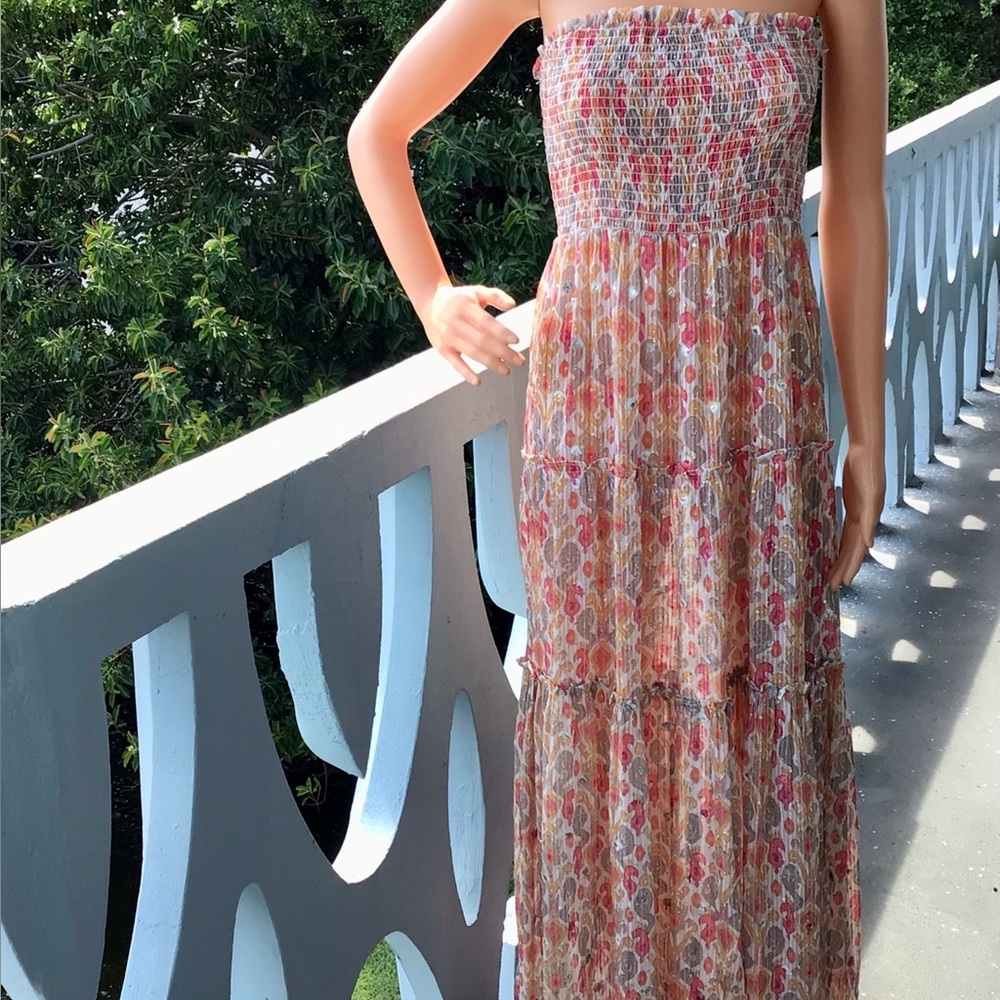 NWT Ramy Brook Leta Strapless Maxi Swimsuit Coverup/Dress Multi Colored Paisley